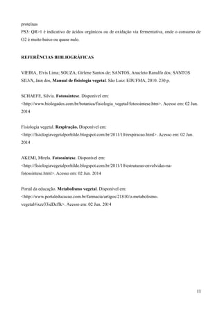 proteínas
PS3: QR>1 é indicativo de ácidos orgânicos ou de oxidação via fermentativa, onde o consumo de
O2 é muito baixo ou quase nulo.
REFERÊNCIAS BIBLIOGRÁFICAS
VIEIRA, Elvis Lima; SOUZA, Girlene Santos de; SANTOS, Anacleto Ranulfo dos; SANTOS
SILVA, Jain dos, Manual de fisiologia vegetal. São Luiz: EDUFMA, 2010. 230 p.
SCHAEFE, Silvia. Fotossíntese. Disponível em:
<http://www.biologados.com.br/botanica/fisiologia_vegetal/fotossintese.htm>. Acesso em: 02 Jun.
2014
Fisiologia vegetal. Respiração. Disponível em:
<http://fisiologiavegetalporhilde.blogspot.com.br/2011/10/respiracao.html>. Acesso em: 02 Jun.
2014
AKEMI, Mirela. Fotossíntese. Disponível em:
<http://fisiologiavegetalporhilde.blogspot.com.br/2011/10/estruturas-envolvidas-na-
fotossintese.html>. Acesso em: 02 Jun. 2014
Portal da educação. Metabolismo vegetal. Disponível em:
<http://www.portaleducacao.com.br/farmacia/artigos/21810/o-metabolismo-
vegetal#ixzz33idDcflk>. Acesso em: 02 Jun. 2014
11
 