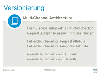 Multi-Channel Architecture
Versionierung
#WISSENTEILEN
• Client/Service entwickeln sich unterschiedlich
• Request /Response passen nicht zueinander
• Fehlende/unbekannte Request Attribute
• Fehlende/unbekannte Response Attribute
• Geänderte Semantik von Attributen
• Geänderte Semantik von Defaults
 