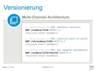 Multi-Channel Architecture
Versionierung
#WISSENTEILEN
// Versioning via URL (default version)
GET /orders/1234 HTTP/1.1
[various other headers]
// Versioning via URL (version part of path)
GET /v2/orders/1234 HTTP/1.1
[various other headers]
// Versioning via URL (as request parameter)
GET /orders/1234?ver=v2 HTTP/1.1
[various other headers]
 