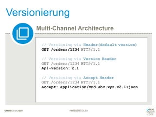Multi-Channel Architecture
Versionierung
#WISSENTEILEN
// Versioning via Header(default version)
GET /orders/1234 HTTP/1.1
// Versioning via Version Header
GET /orders/1234 HTTP/1.1
Api-version: 2.1
// Versioning via Accept Header
GET /orders/1234 HTTP/1.1
Accept: application/vnd.abc.xyz.v2.1+json
 