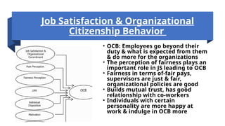 Job Satisfaction & Organizational
Citizenship Behavior
• OCB: Employees go beyond their
duty & what is expected from them
& do more for the organizations
• The perception of fairness plays an
important role in JS leading to OCB
• Fairness in terms of-fair pays,
supervisors are just & fair,
organizational policies are good
• Builds mutual trust, has good
relationship with co-workers
• Individuals with certain
personality are more happy at
work & indulge in OCB more
 