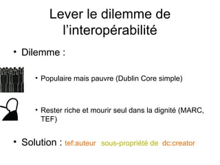 Lever le dilemme de
            l’interopérabilité
• Dilemme :

      • Populaire mais pauvre (Dublin Core simple)



      • Rester riche et mourir seul dans la dignité (MARC,
        TEF)


• Solution : tef:auteur   sous-propriété de dc:creator
 