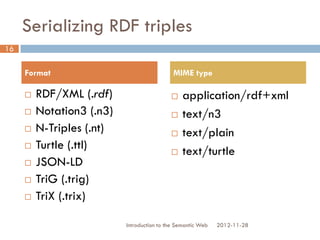 Serializing RDF triples
2012-11-28
 RDF/XML (.rdf)
 Notation3 (.n3)
 N-Triples (.nt)
 Turtle (.ttl)
 JSON-LD
 TriG (.trig)
 TriX (.trix)
 application/rdf+xml
 text/n3
 text/plain
 text/turtle
16
Format MIME type
Introduction to the Semantic Web
 