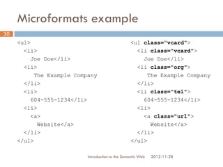 Microformats example
2012-11-28
<ul>
<li>
Joe Doe</li>
<li>
The Example Company
</li>
<li>
604-555-1234</li>
<li>
<a>
Website</a>
</li>
</ul>
30
<ul class="vcard">
<li class="vcard">
Joe Doe</li>
<li class="org">
The Example Company
</li>
<li class="tel">
604-555-1234</li>
<li>
<a class="url">
Website</a>
</li>
</ul>
Introduction to the Semantic Web
 