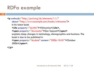 RDFa example
<p xmlns:dc="http://purl.org/dc/elements/1.1/"
about="http://www.example.com/books/wikinomics">
In his latest book
<cite property="dc:title">Wikinomics</cite>,
<span property="dc:creator">Don Tapscott</span>
explains deep changes in technology, demographics and business.
The book is due to be published in
<span property="dc:date" content="2006-10-01">October
2006</span>.
</p>
2012-11-28Introduction to the Semantic Web
32
 