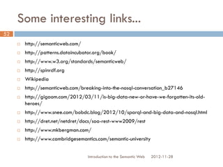 Some interesting links...
 http://semanticweb.com/
 http://patterns.dataincubator.org/book/
 http://www.w3.org/standards/semanticweb/
 http://spinrdf.org
 Wikipedia
 http://semanticweb.com/breaking-into-the-nosql-conversation_b27146
 http://gigaom.com/2012/03/11/is-big-data-new-or-have-we-forgotten-its-old-
heroes/
 http://www.snee.com/bobdc.blog/2012/10/sparql-and-big-data-and-
nosql.html
 http://dret.net/netdret/docs/soa-rest-www2009/rest
 http://www.mkbergman.com/
 http://www.cambridgesemantics.com/semantic-university
2012-11-28Introduction to the Semantic Web
52
 