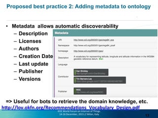 Proposed best practice 2: Adding metadata to ontology
•  Metadata allows automatic discoverability
–  Description
–  Licen...