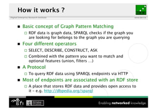 Digital Enterprise Research Institute www.deri.ie
How it works ?
 Basic concept of Graph Pattern Matching
 RDF data is g...