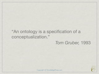 “An ontology is a speciﬁcation of a
conceptualization.”
                      Tom Gruber, 1993




            Copyright @ KnowledgeHives.com
 