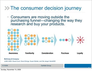 The consumer decision journey
        • Consumers are moving outside the
          purchasing funnel—changing the way they
          research and buy your products.




    McKinsey & Company
    JUNE 2009 • David Court, Dave Elzinga, Susan Mulder, and Ole Jørgen Vetvik000


 11/10/09                                                  Garfield Group
                                                                                    4
Sunday, November 15, 2009
 