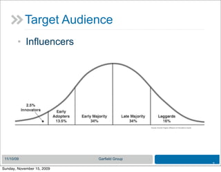 Target Audience
        • Influencers




 11/10/09                   Garfield Group
                                             7
Sunday, November 15, 2009
 