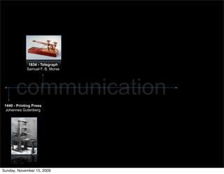 1834 - Telegraph
             Samuel F. B. Morse




       communication
 1440 - Printing Press
 Johannes Gutenberg




Sunday, November 15, 2009
 