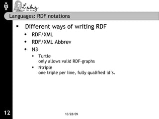 Languages: RDF notations <ul><li>Different ways of writing RDF </li></ul><ul><ul><li>RDF/XML </li></ul></ul><ul><ul><li>RD...