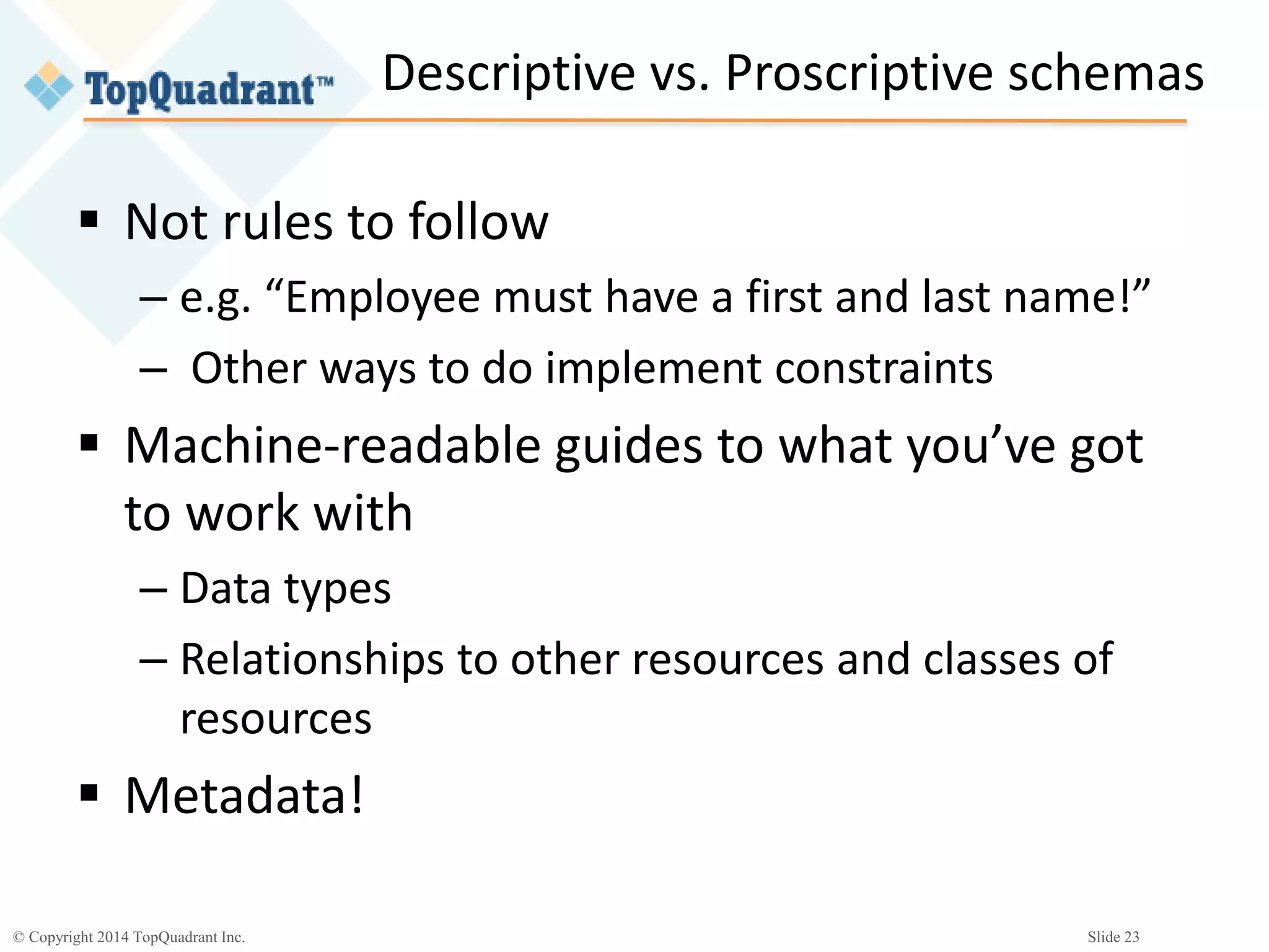 © Copyright 2014 TopQuadrant Inc. Slide 23
Descriptive vs. Proscriptive schemas
 Not rules to follow
– e.g. “Employee must have a first and last name!”
– Other ways to do implement constraints
 Machine-readable guides to what you’ve got
to work with
– Data types
– Relationships to other resources and classes of
resources
 Metadata!
 