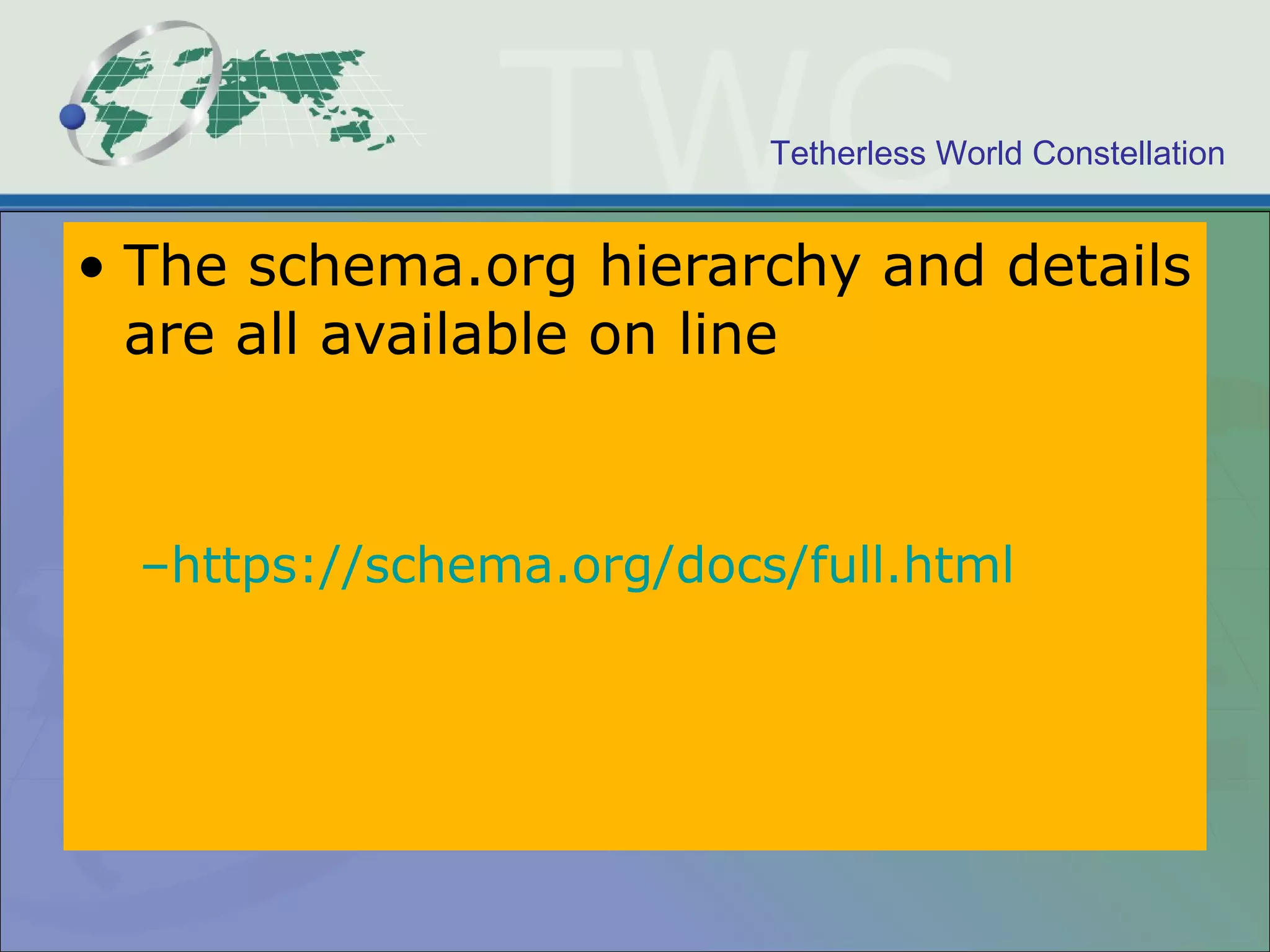 Tetherless World Constellation
• The schema.org hierarchy and details
are all available on line
–https://schema.org/docs/full.html
 