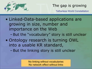 Tetherless World Constellation
The gap is growing
• Linked-Data-based applications are
growing in size, number and
importance on the Web
– But the “vocabulary” story is still unclear
• Ontology research is turning OWL
into a usable KR standard,
– But the linking story is still unclear
No linking without vocabularies
No network effect without links
 