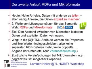 Der zweite Anlauf: RDFa und Mikroformate Heute: Hohe Anreize, Daten mit anderen zu  teilen  – aber wenig Anreize, die Daten  explizit zu machen ! 2. Welle von Lösungsansätzen für das Semantic Web:  RDFa  und  Mikroformate  Ziel: Den Abstand zwischen von Menschen lesbaren Daten und expliziten Daten verringern. Weg: In die (X)HTML-Attribute werden die Properties und ihre Werte hineingeschrieben, also keine separaten RDF-Dateien mehr, keine doppelte Angabe der Daten etc. (Zur  Veranschaulichung .) Zusätzliche Vereinfachungen bei Mikroformaten, u.a. begrenztes Set möglicher Properties. Lambert Heller @ 4. HOBSY-Workshop 