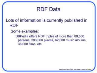 Tables in RDFRDF can model relational databasesr:firstNameJohnr:lastName_:1Smithr:nodesr:age_:025r:nextr:firstNameMary_:2r:lastNameJordanr:age23