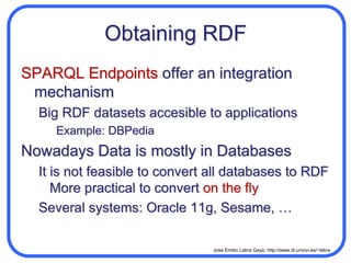 SPARQL & InferenceThe RDF Graph may be obtained by inferencerdf:typeResultsMary Jordanselect ?n where  { ?x rdf:type r:Person.    ?x r:name ?n .  }r:Teacherrdf:typerdfs:subClassOfr:namer:PersonMary Jordan