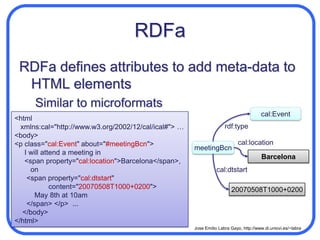 RDF and HTMLProblems to embed RDF/XML in (x)HTMLIt can be linked from an HTML pageThere are some “scrappers” to extract the structure of web pages and dynamically generate RDFCan be a solution for legacy web contentNot very elegant2 proposals for a more systematic way:GRDDLRDFa