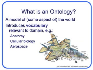 What is an Ontology?A model of (some aspect of) the worldIntroduces vocabularyrelevant to domain, e.g.:Anatomy