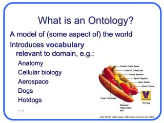 What is an Ontology?A model of (some aspect of) the worldIntroduces vocabularyrelevant to domain, e.g.:AnatomyCellular biologyAerospace