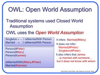 OWL: Datatype propertiesProperties whose range are typed literalsExample: agedatatypeProperty(#age)range(#age, xsd:positiveInteger)CanVote  Person  age > “18” inferenceCanVote(#Sergio)Person(#Sergio)age(#Sergio, 20)