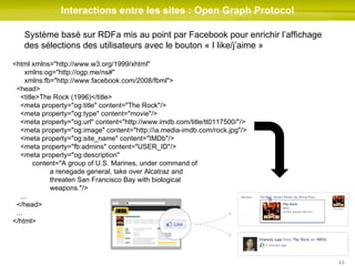 Interactions entre les sites : Open Graph Protocol Système basé sur RDFa mis au point par Facebook pour enrichir l’affichage des sélections des utilisateurs avec le bouton « I like/j’aime » <html xmlns="http://www.w3.org/1999/xhtml" xmlns:og="http://ogp.me/ns#" xmlns:fb="http://www.facebook.com/2008/fbml"> <head> <title>The Rock (1996)</title> <meta property="og:title" content="The Rock"/> <meta property="og:type" content="movie"/> <meta property="og:url" content="http://www.imdb.com/title/tt0117500/"/> <meta property="og:image" content="http://ia.media-imdb.com/rock.jpg"/> <meta property="og:site_name" content="IMDb"/> <meta property="fb:admins" content="USER_ID"/> <meta property="og:description" content="A group of U.S. Marines, under command of a renegade general, take over Alcatraz and threaten San Francisco Bay with biological weapons."/> ... </head> ... </html> 