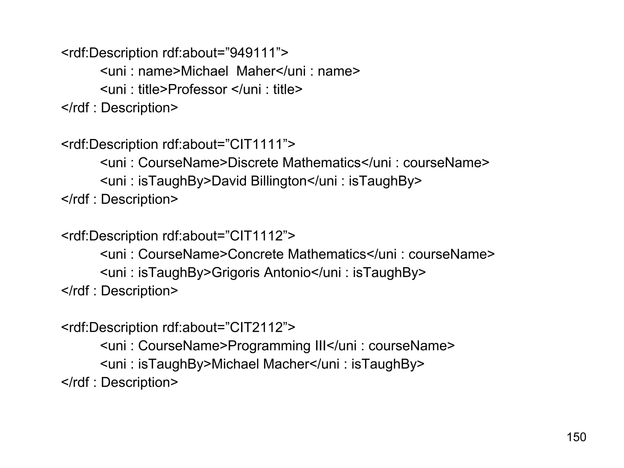 150
<rdf:Description rdf:about=”949111”>
<uni : name>Michael Maher</uni : name>
<uni : title>Professor </uni : title>
</rdf : Description>
<rdf:Description rdf:about=”CIT1111”>
<uni : CourseName>Discrete Mathematics</uni : courseName>
<uni : isTaughBy>David Billington</uni : isTaughBy>
</rdf : Description>
<rdf:Description rdf:about=”CIT1112”>
<uni : CourseName>Concrete Mathematics</uni : courseName>
<uni : isTaughBy>Grigoris Antonio</uni : isTaughBy>
</rdf : Description>
<rdf:Description rdf:about=”CIT2112”>
<uni : CourseName>Programming III</uni : courseName>
<uni : isTaughBy>Michael Macher</uni : isTaughBy>
</rdf : Description>
 