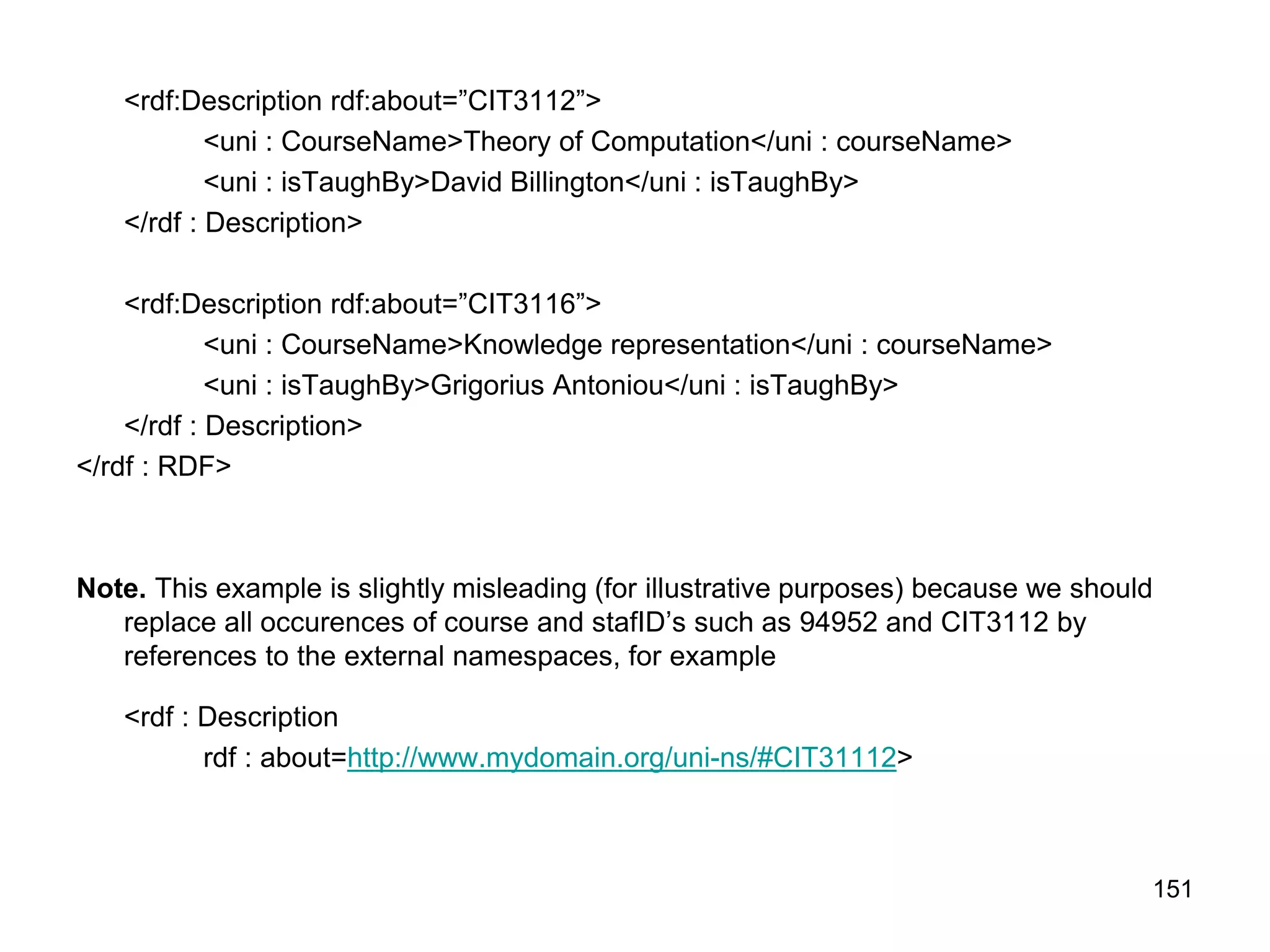 151
<rdf:Description rdf:about=”CIT3112”>
<uni : CourseName>Theory of Computation</uni : courseName>
<uni : isTaughBy>David Billington</uni : isTaughBy>
</rdf : Description>
<rdf:Description rdf:about=”CIT3116”>
<uni : CourseName>Knowledge representation</uni : courseName>
<uni : isTaughBy>Grigorius Antoniou</uni : isTaughBy>
</rdf : Description>
</rdf : RDF>
Note. This example is slightly misleading (for illustrative purposes) because we should
replace all occurences of course and stafID’s such as 94952 and CIT3112 by
references to the external namespaces, for example
<rdf : Description
rdf : about=http://www.mydomain.org/uni-ns/#CIT31112>
 