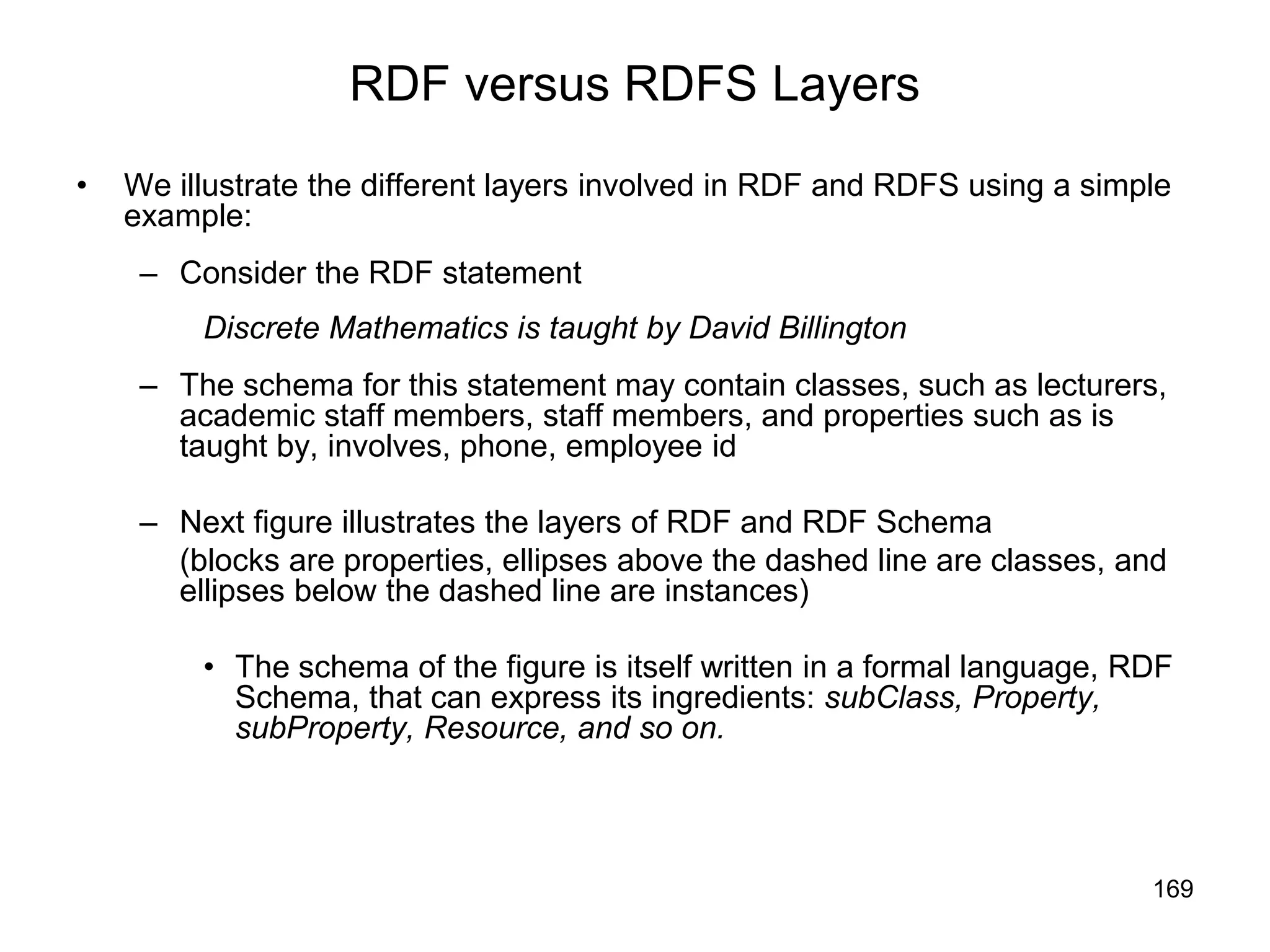 169
RDF versus RDFS Layers
• We illustrate the different layers involved in RDF and RDFS using a simple
example:
– Consider the RDF statement
Discrete Mathematics is taught by David Billington
– The schema for this statement may contain classes, such as lecturers,
academic staff members, staff members, and properties such as is
taught by, involves, phone, employee id
– Next figure illustrates the layers of RDF and RDF Schema
(blocks are properties, ellipses above the dashed line are classes, and
ellipses below the dashed line are instances)
• The schema of the figure is itself written in a formal language, RDF
Schema, that can express its ingredients: subClass, Property,
subProperty, Resource, and so on.
 