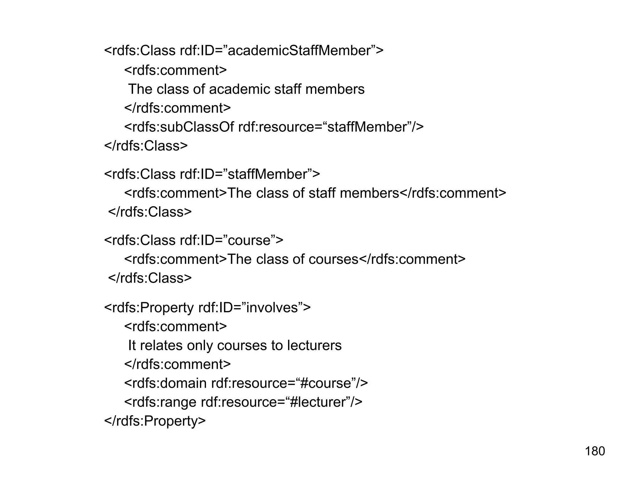 180
<rdfs:Class rdf:ID=”academicStaffMember”>
<rdfs:comment>
The class of academic staff members
</rdfs:comment>
<rdfs:subClassOf rdf:resource=“staffMember”/>
</rdfs:Class>
<rdfs:Class rdf:ID=”staffMember”>
<rdfs:comment>The class of staff members</rdfs:comment>
</rdfs:Class>
<rdfs:Class rdf:ID=”course”>
<rdfs:comment>The class of courses</rdfs:comment>
</rdfs:Class>
<rdfs:Property rdf:ID=”involves”>
<rdfs:comment>
It relates only courses to lecturers
</rdfs:comment>
<rdfs:domain rdf:resource=“#course”/>
<rdfs:range rdf:resource=“#lecturer”/>
</rdfs:Property>
 
