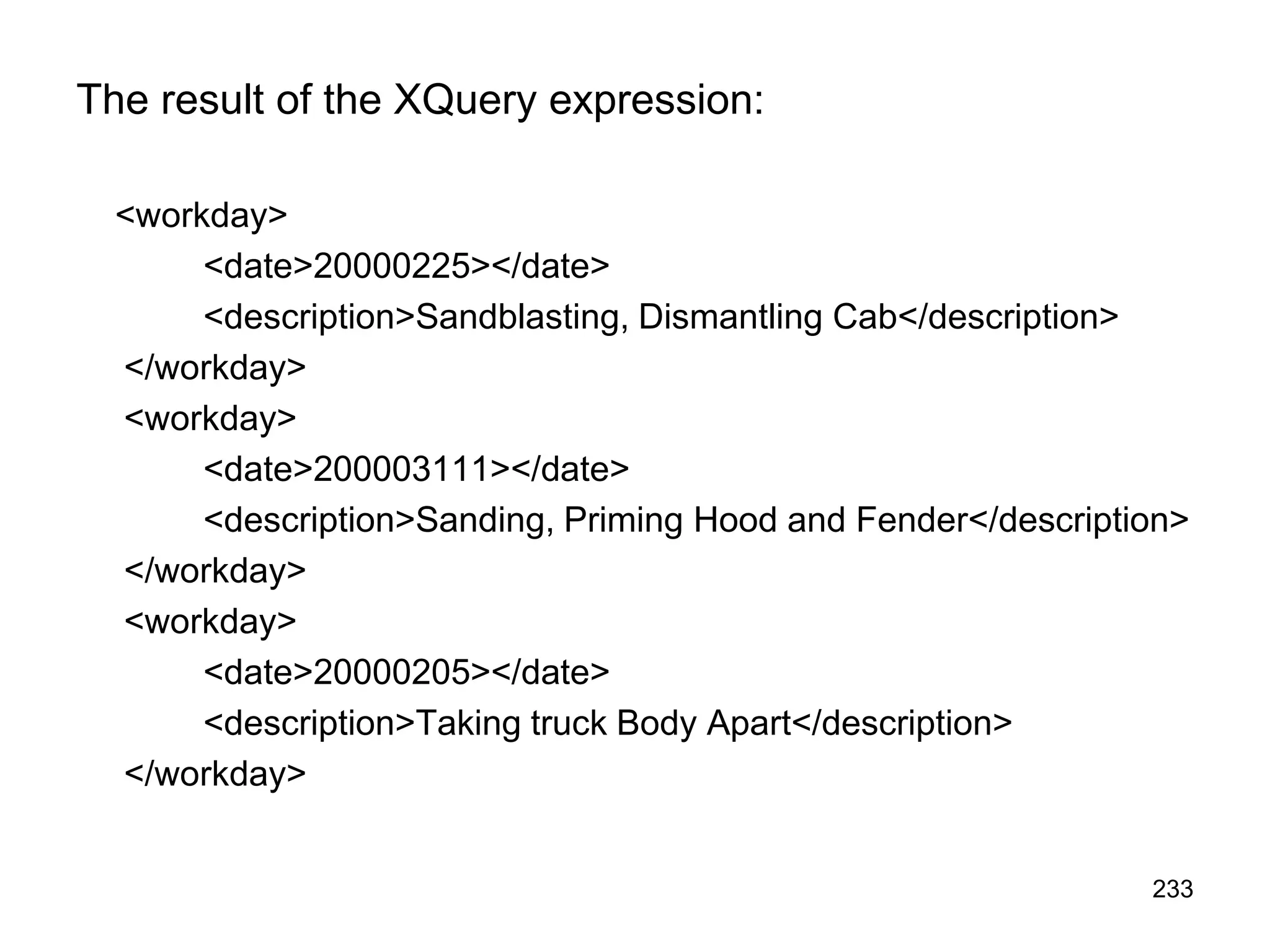 233
The result of the XQuery expression:
<workday>
<date>20000225></date>
<description>Sandblasting, Dismantling Cab</description>
</workday>
<workday>
<date>200003111></date>
<description>Sanding, Priming Hood and Fender</description>
</workday>
<workday>
<date>20000205></date>
<description>Taking truck Body Apart</description>
</workday>
 