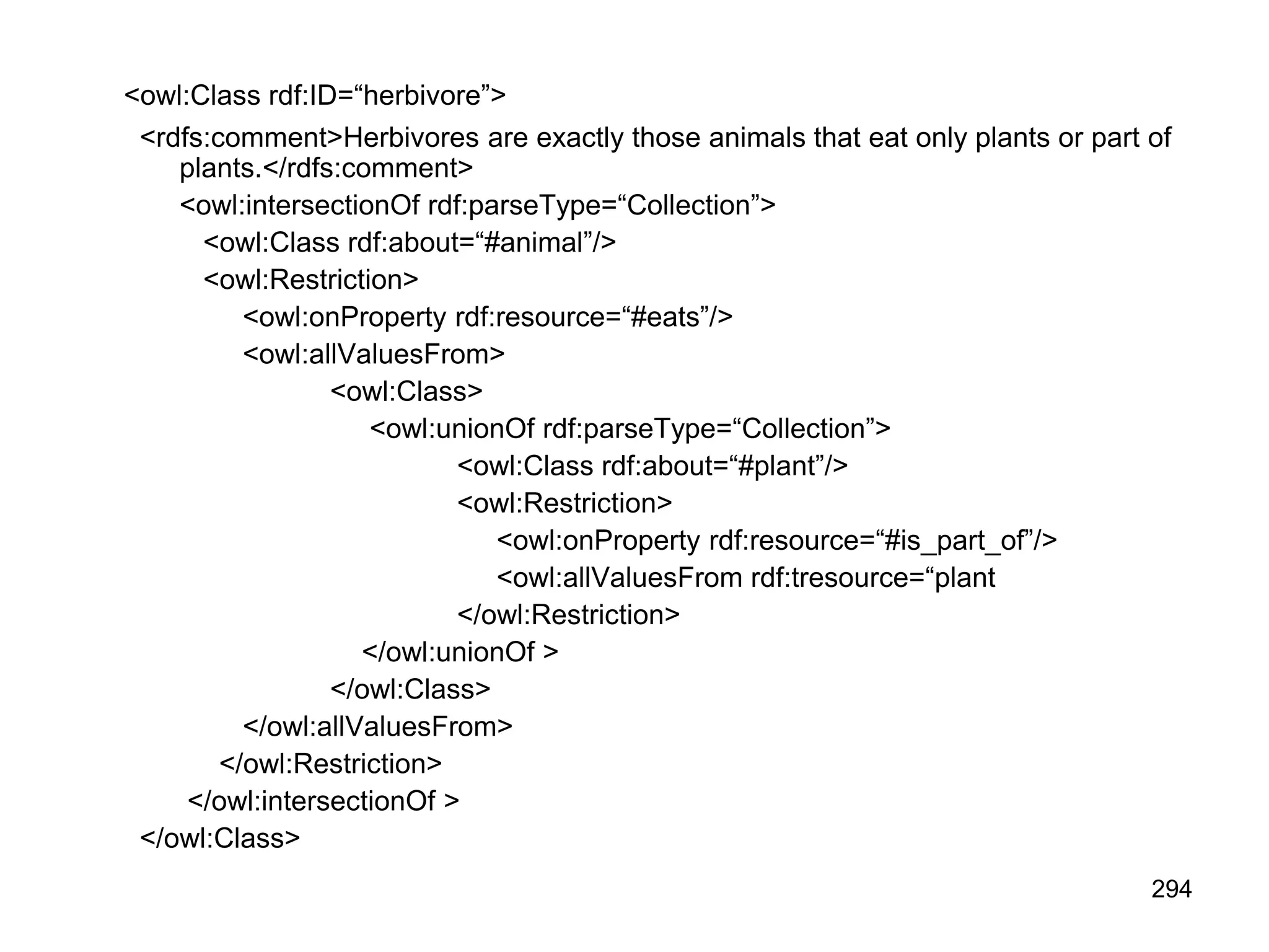 294
<owl:Class rdf:ID=“herbivore”>
<rdfs:comment>Herbivores are exactly those animals that eat only plants or part of
plants.</rdfs:comment>
<owl:intersectionOf rdf:parseType=“Collection”>
<owl:Class rdf:about=“#animal”/>
<owl:Restriction>
<owl:onProperty rdf:resource=“#eats”/>
<owl:allValuesFrom>
<owl:Class>
<owl:unionOf rdf:parseType=“Collection”>
<owl:Class rdf:about=“#plant”/>
<owl:Restriction>
<owl:onProperty rdf:resource=“#is_part_of”/>
<owl:allValuesFrom rdf:tresource=“plant
</owl:Restriction>
</owl:unionOf >
</owl:Class>
</owl:allValuesFrom>
</owl:Restriction>
</owl:intersectionOf >
</owl:Class>
 