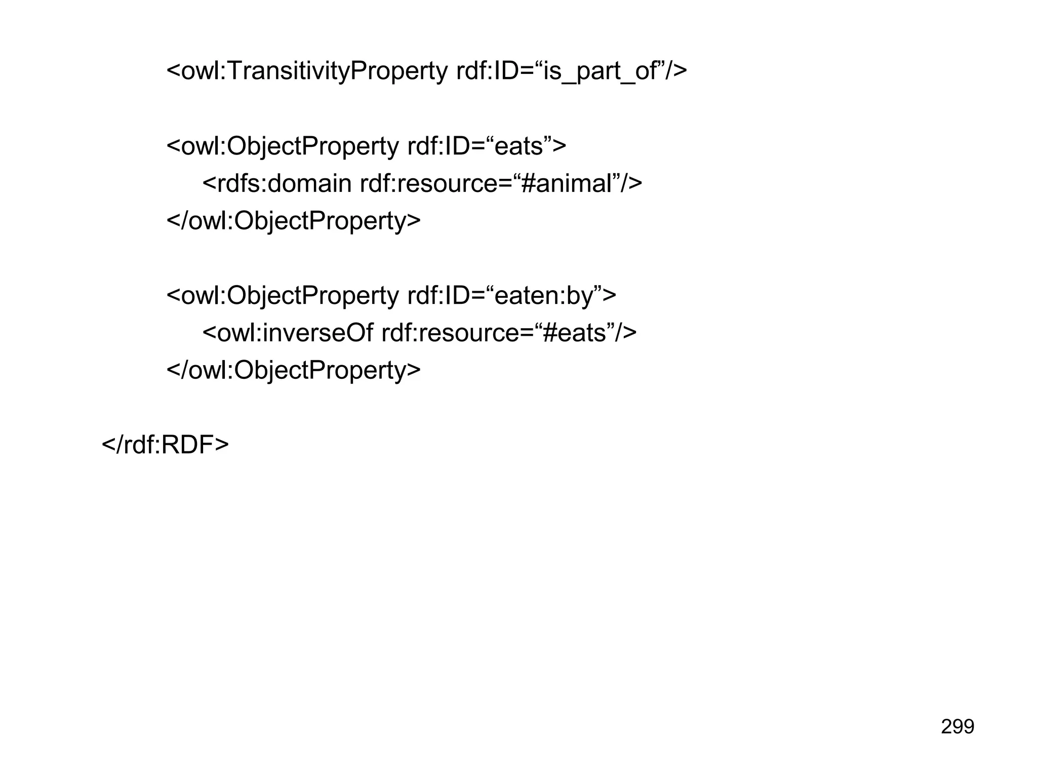299
<owl:TransitivityProperty rdf:ID=“is_part_of”/>
<owl:ObjectProperty rdf:ID=“eats”>
<rdfs:domain rdf:resource=“#animal”/>
</owl:ObjectProperty>
<owl:ObjectProperty rdf:ID=“eaten:by”>
<owl:inverseOf rdf:resource=“#eats”/>
</owl:ObjectProperty>
</rdf:RDF>
 