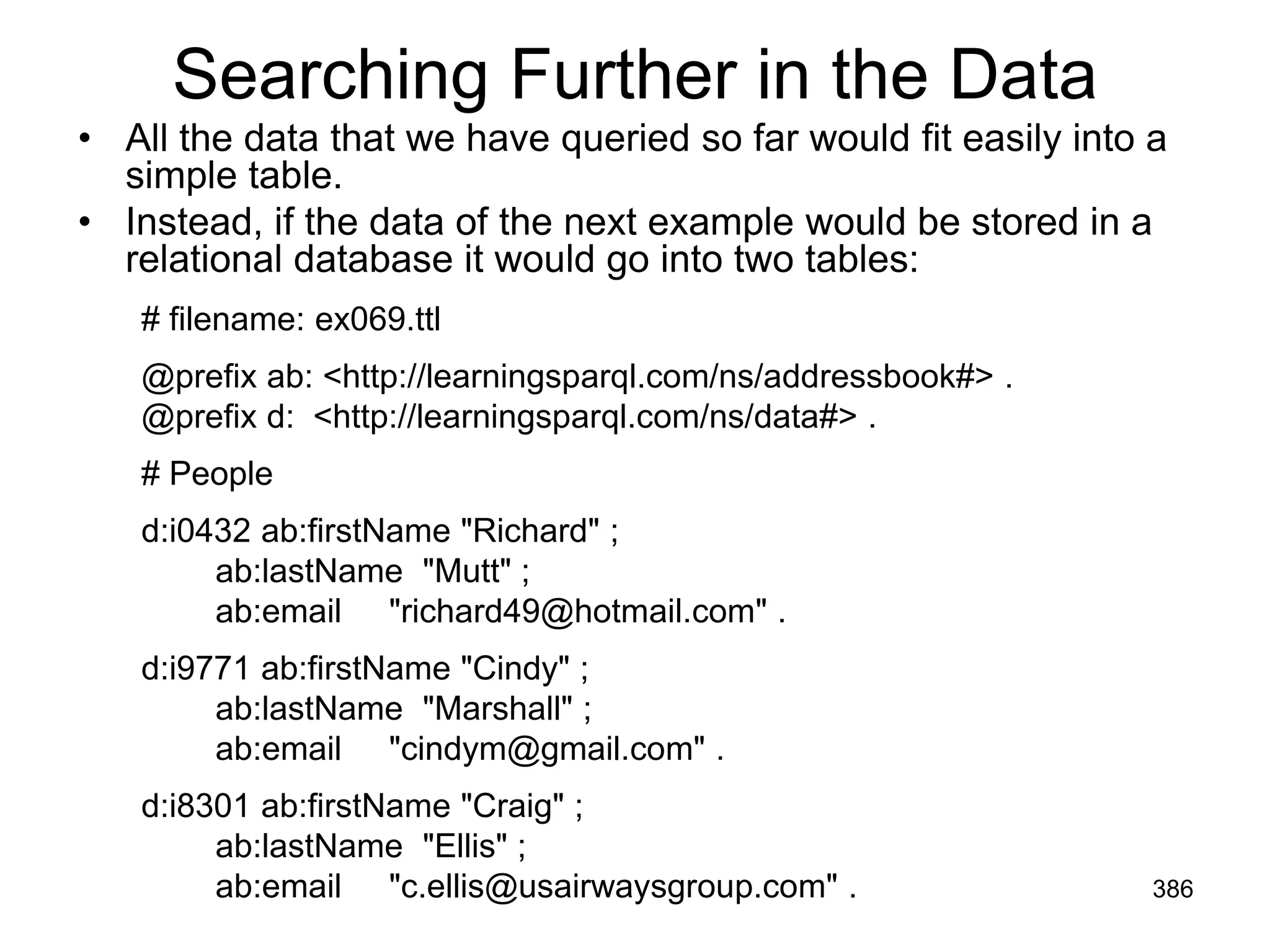 Searching Further in the Data
• All the data that we have queried so far would fit easily into a
simple table.
• Instead, if the data of the next example would be stored in a
relational database it would go into two tables:
# filename: ex069.ttl
@prefix ab: <http://learningsparql.com/ns/addressbook#> .
@prefix d: <http://learningsparql.com/ns/data#> .
# People
d:i0432 ab:firstName "Richard" ;
ab:lastName "Mutt" ;
ab:email "richard49@hotmail.com" .
d:i9771 ab:firstName "Cindy" ;
ab:lastName "Marshall" ;
ab:email "cindym@gmail.com" .
d:i8301 ab:firstName "Craig" ;
ab:lastName "Ellis" ;
ab:email "c.ellis@usairwaysgroup.com" . 386
 