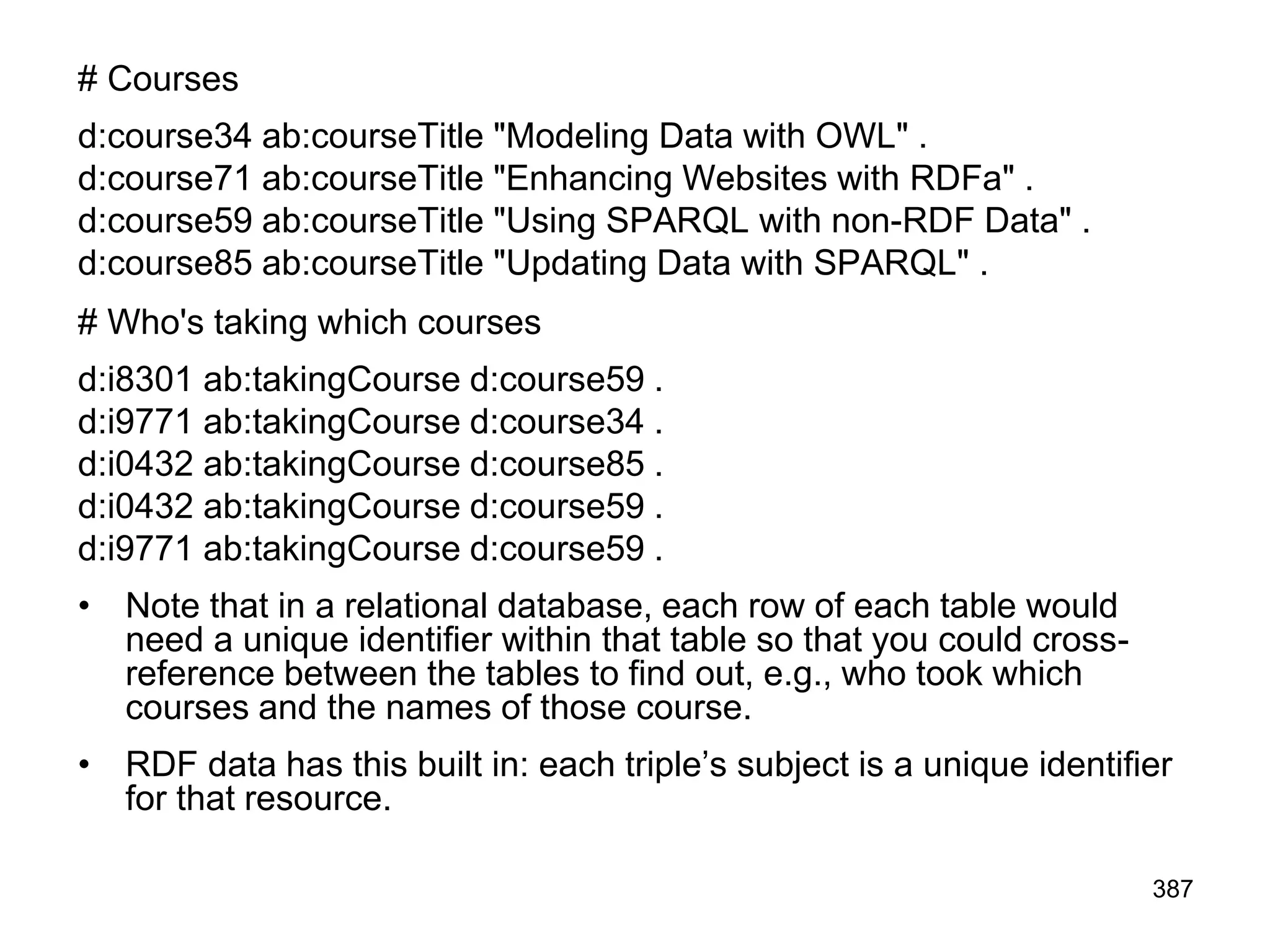 # Courses
d:course34 ab:courseTitle "Modeling Data with OWL" .
d:course71 ab:courseTitle "Enhancing Websites with RDFa" .
d:course59 ab:courseTitle "Using SPARQL with non-RDF Data" .
d:course85 ab:courseTitle "Updating Data with SPARQL" .
# Who's taking which courses
d:i8301 ab:takingCourse d:course59 .
d:i9771 ab:takingCourse d:course34 .
d:i0432 ab:takingCourse d:course85 .
d:i0432 ab:takingCourse d:course59 .
d:i9771 ab:takingCourse d:course59 .
• Note that in a relational database, each row of each table would
need a unique identifier within that table so that you could cross-
reference between the tables to find out, e.g., who took which
courses and the names of those course.
• RDF data has this built in: each triple’s subject is a unique identifier
for that resource.
387
 