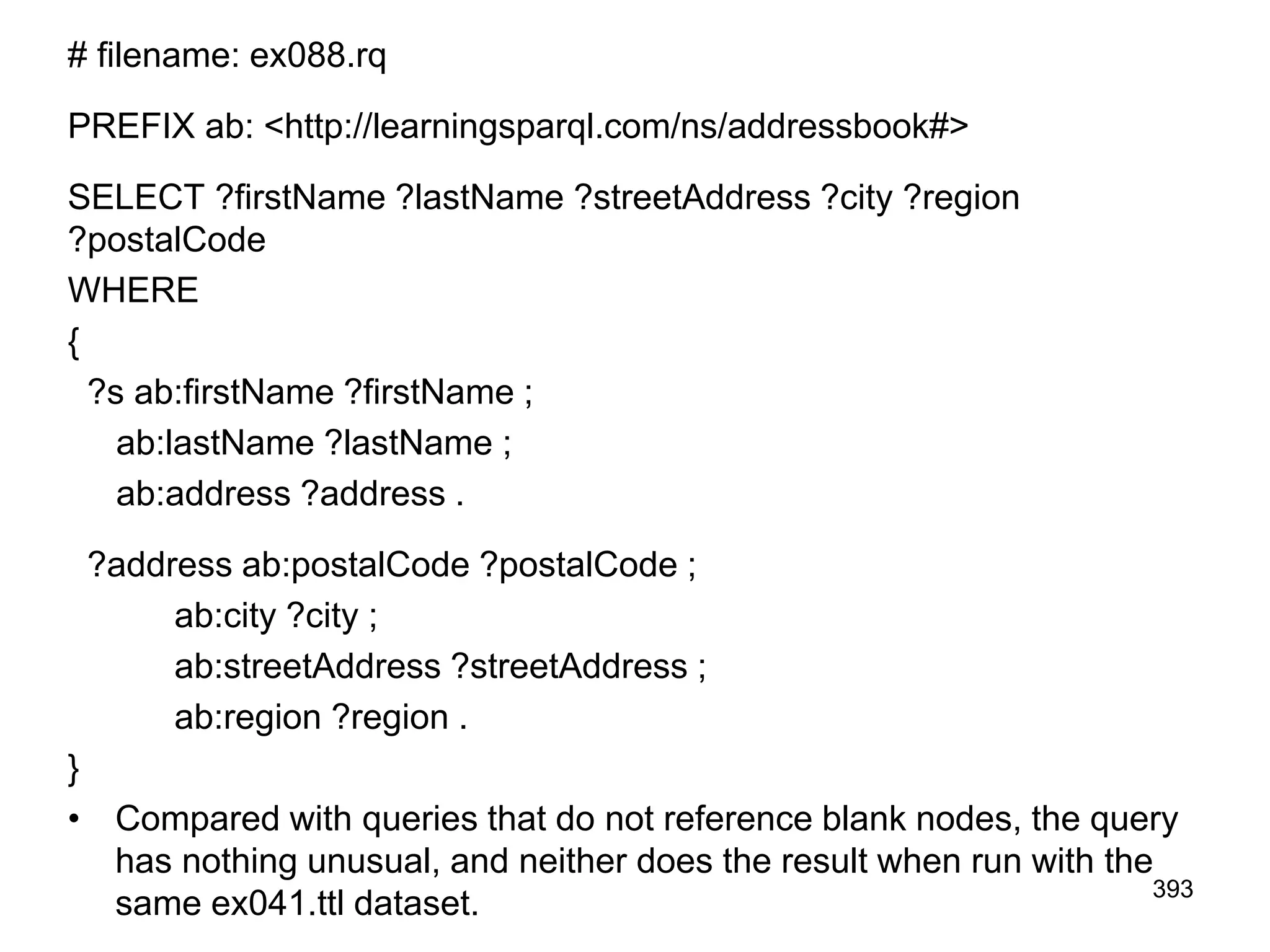 # filename: ex088.rq
PREFIX ab: <http://learningsparql.com/ns/addressbook#>
SELECT ?firstName ?lastName ?streetAddress ?city ?region
?postalCode
WHERE
{
?s ab:firstName ?firstName ;
ab:lastName ?lastName ;
ab:address ?address .
?address ab:postalCode ?postalCode ;
ab:city ?city ;
ab:streetAddress ?streetAddress ;
ab:region ?region .
}
• Compared with queries that do not reference blank nodes, the query
has nothing unusual, and neither does the result when run with the
same ex041.ttl dataset. 393
 