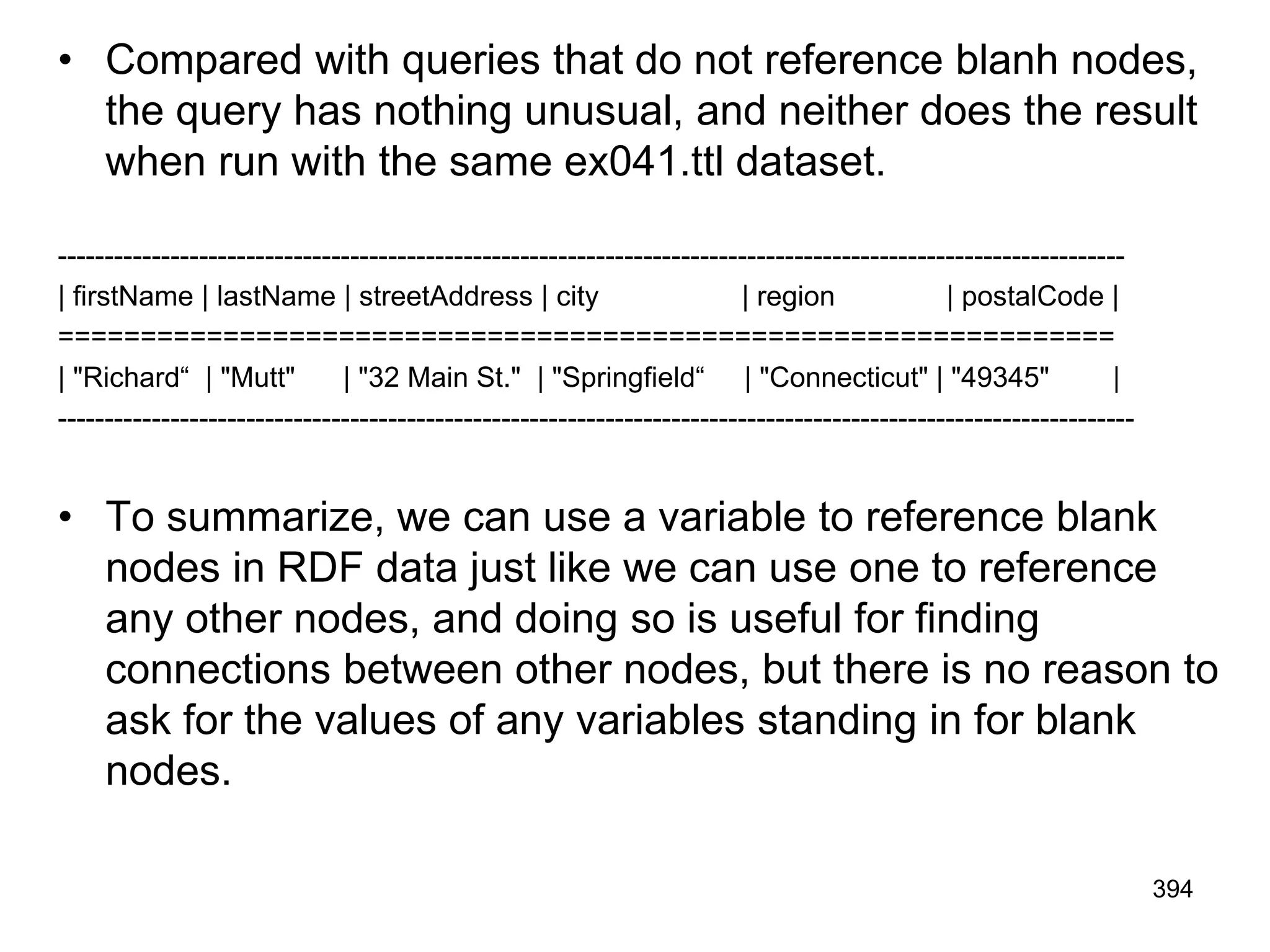 • Compared with queries that do not reference blanh nodes,
the query has nothing unusual, and neither does the result
when run with the same ex041.ttl dataset.
-----------------------------------------------------------------------------------------------------------------
| firstName | lastName | streetAddress | city | region | postalCode |
================================================================
| "Richard“ | "Mutt" | "32 Main St." | "Springfield“ | "Connecticut" | "49345" |
------------------------------------------------------------------------------------------------------------------
• To summarize, we can use a variable to reference blank
nodes in RDF data just like we can use one to reference
any other nodes, and doing so is useful for finding
connections between other nodes, but there is no reason to
ask for the values of any variables standing in for blank
nodes.
394
 