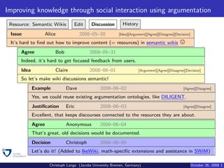Improving knowledge through social interaction using argumentation
 Resource: Semantic Wikis         Edit      Discussion       History

 Issue             Alice             2008–05–30            [Idea][Argument][Agree][Disagree][Decision]

 It’s hard to ﬁnd out how to improve content (= resources) in semantic wikis
      Agree             Bob                2008–05–31
      Indeed, it’s hard to get focused feedback from users.
      Idea              Claire             2008–06–01                  [Argument][Agree][Disagree][Decision]

      So let’s make wiki discussions semantic!
             Example          Dave               2008–06–02                                      [Agree][Disagree]

             Yes, we could reuse existing argumentation ontologies, like DILIGENT.
             Justiﬁcation     Eric               2008–06–03                                      [Agree][Disagree]

             Excellent, that keeps discourses connected to the resources they are about.
             Agree            Anonymous          2008–06–04
             That’s great, old decisions would be documented.
             Decision         Christoph          2008–06–05
             Let’s do it! (Added to IkeWiki, math-speciﬁc extensions and assistance in SWiM)

                     Christoph Lange (Jacobs University Bremen, Germany)                                 October 26, 2008 1
 