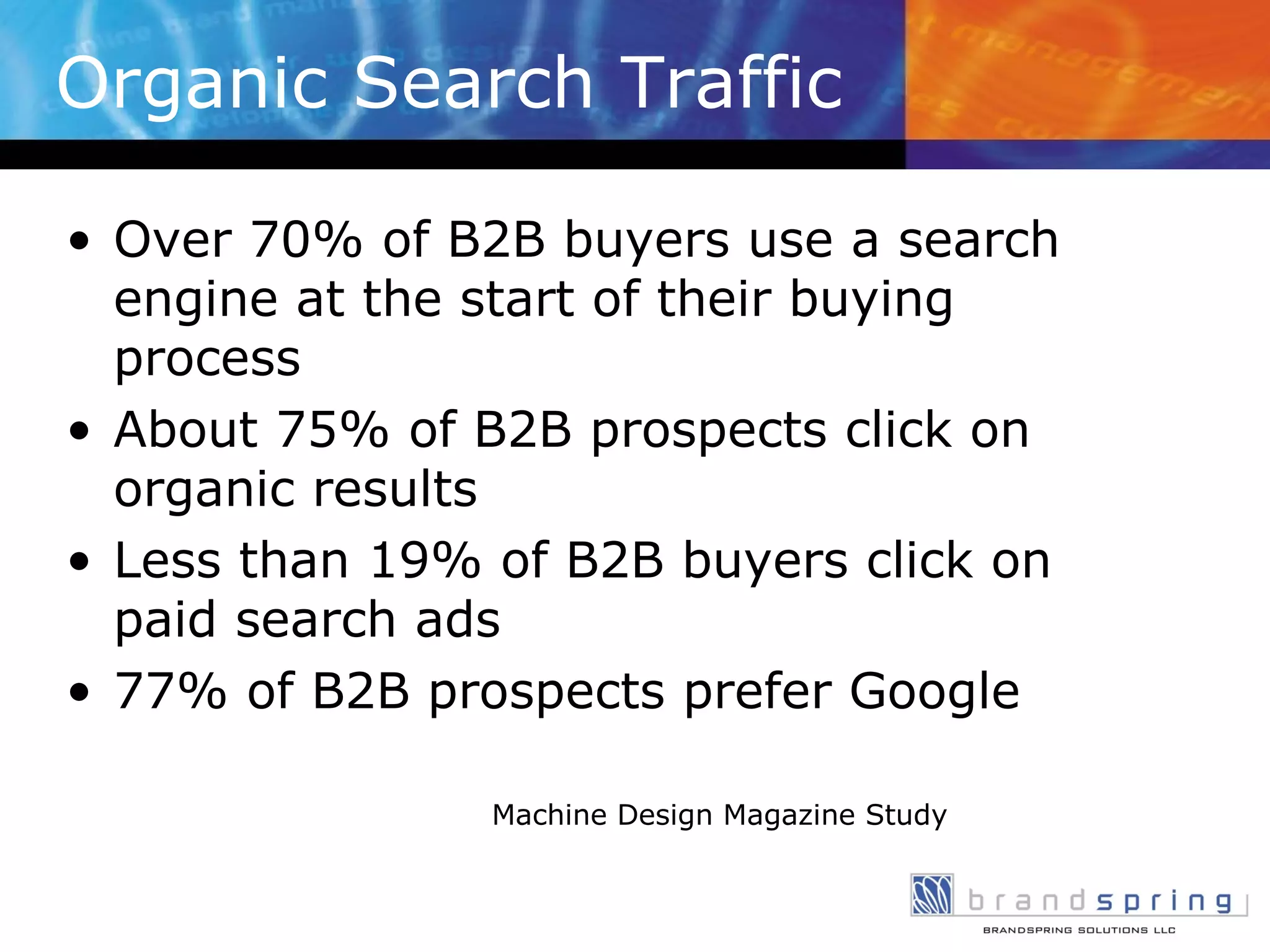 Organic Search Traffic Over 70% of B2B buyers use a search engine at the start of their buying process About 75% of B2B prospects click on organic results Less than 19% of B2B buyers click on paid search ads 77% of B2B prospects prefer Google Machine Design Magazine Study 