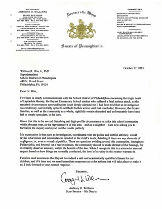 Sen. Anthony Williams' Letter to School Philadelphia School Superintendent William Hite