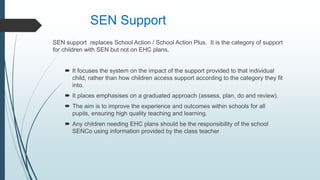 SEN support replaces School Action / School Action Plus. It is the category of support
for children with SEN but not on EHC plans.
 It focuses the system on the impact of the support provided to that individual
child, rather than how children access support according to the category they fit
into.
 It places emphasises on a graduated approach (assess, plan, do and review).
 The aim is to improve the experience and outcomes within schools for all
pupils, ensuring high quality teaching and learning.
 Any children needing EHC plans should be the responsibility of the school
SENCo using information provided by the class teacher
SEN Support
 