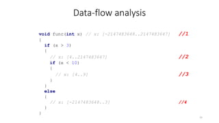 Data-flow analysis
void func(int x) // x: [-2147483648..2147483647] //1
{
if (x > 3)
{
// x: [4..2147483647] //2
if (x < 10)
{
// x: [4..9] //3
}
}
else
{
// x: [-2147483648..3] //4
}
}
15
 