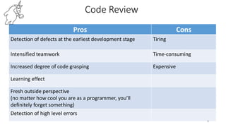 Pros Cons
Detection of defects at the earliest development stage Tiring
Intensified teamwork Time-consuming
Increased degree of code grasping Expensive
Learning effect
Fresh outside perspective
(no matter how cool you are as a programmer, you’ll
definitely forget something)
Detection of high level errors
8
Code Review
 