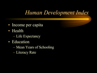 Human Development Index Income per capita Health Life Expectancy Education Mean Years of Schooling Literacy Rate 