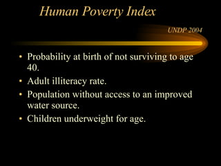 Human Poverty Index  UNDP 2004 Probability at birth of not surviving to age 40. Adult illiteracy rate. Population without access to an improved water source. Children underweight for age. 