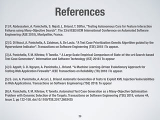 References
[1] R. Abdessalem, A. Panichella, S. Nejati, L. Briand, T. Stifter, "Testing Autonomous Cars for Feature Interaction
Failures using Many-Objective Search". The 33rd IEEE/ACM International Conference on Automated Software
Engineering (ASE 2018), Montpellier, France.
[2] D. Di Nucci, A. Panichella, A. Zaidman, A. De Lucia. "A Test Case Prioritization Genetic Algorithm guided by the
Hypervolume Indicator". Transactions on Software Engineering (TSE) 2018 | To appear.
[3] A. Panichella, F. M. Kifetew, P. Tonella. " A Large Scale Empirical Comparison of State-of-the-art Search-based
Test Case Generators". Information and Software Technology (IST) 2018 | To appear
[4] D. Appelt, C. D. Nguyen, A. Panichella, L. Briand. "A Machine Learning-Driven Evolutionary Approach for
Testing Web Application Firewalls". IEEE Transactions on Reliability (TR) 2018 | To appear.
[5] S. Jan, A. Panichella, A. Arcuri, L. Briand. Automatic Generation of Tests to Exploit XML Injection Vulnerabilities
in Web Applications. Transactions on Software Engineering (TSE) 2018. To appear
[6] A. Panichella, F. M. Kifetew, P. Tonella. Automated Test Case Generation as a Many-Objective Optimisation
Problem with Dynamic Selection of the Targets. Transactions on Software Engineering (TSE) 2018, volume 44,
issue 2, pp 122-158. doi:10.1109/TSE.2017.2663435
!29
 