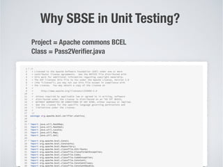 !5
Why SBSE in Unit Testing?
Class = Pass2Verifier.java
Project = Apache commons BCEL
 