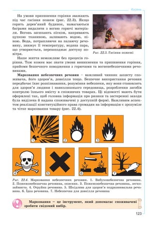 123
Кисень
Íà óìîâè ïðèïèíåííÿ ãîðіííÿ çâàæàþòü
ïіä ÷àñ ãàñіííÿ ïîæåæ (ðèñ. 22.3). ßêùî
ãîðèòü äåðåâ’ÿíèé áóäèíîê, íàìàãàþòüñÿ
áàãðàìè âèäàëèòè ç âîãíþ ãîðþ÷і ìàòåðіà-
ëè. Âîãîíü çàñèïàþòü ïіñêîì, íàêðèâàþòü
öóïêîþ òêàíèíîþ, çàëèâàþòü âîäîþ, ïі-
íîþ. Âîäà, ïîòðàïëÿþ÷è íà ïàëàþ÷ó ðå÷î-
âèíó, çíèæóє її òåìïåðàòóðó, âîäÿíà ïàðà,
ùî óòâîðþєòüñÿ, ïåðåøêîäæàє äîñòóïó ïî-
âіòðÿ.
Íàøå æèòòÿ íåìîæëèâå áåç ïðîöåñіâ ãî-
ðіííÿ. Òîæ êîæåí ìàє çíàòè óìîâè âèíèêíåííÿ òà ïðèïèíåííÿ ãîðіííÿ,
ïðèéîìè áåçïå÷íîãî ïîâîäæåííÿ ç ãîðþ÷èìè òà âîãíåíåáåçïå÷íèìè ðå÷î-
âèíàìè.
Ìàðêîâàííÿ íåáåçïå÷íèõ ðå÷îâèí – âàæëèâèé ÷èííèê çàõèñòó ñïî-
æèâà÷à, éîãî çäîðîâ’ÿ, äîâêіëëÿ òîùî. Áåçïå÷íå âèêîðèñòàííÿ ðå÷îâèí
ïåðåäáà÷àє їõíє ðîçïіçíàâàííÿ, ðîçóìіííÿ íåáåçïåêè, ÿêó âîíè ñòàíîâëÿòü
äëÿ çäîðîâ’ÿ ëþäèíè і íàâêîëèøíüîãî ñåðåäîâèùà, ðîçðîáëåííÿ çàñîáіâ
êîíòðîëþ їõíüîãî âìіñòó â ñïîæèâ÷èõ òîâàðàõ. Öі âіäîìîñòі ìàþòü áóòè
îôîðìëåíі òàê, ùîá ãîëîâíà іíôîðìàöіÿ ïðî ðèçèêè òà çàñòåðåæíі çàõîäè
áóëà âèäіëåíà é íàäàíà ñïîæèâà÷åâі ó äîñòóïíіé ôîðìі. Âàæëèâèì àñïåê-
òîì ðåàëіçàöії êîíñòèòóöіéíîãî ïðàâà ãðîìàäÿí íà іíôîðìàöіþ є çðîçóìіëå
òà ÷іòêå ìàðêîâàííÿ òîâàðó (ðèñ. 22.4).
1 2 3
4 5 6 7
Ðèñ. 22.4. Ìàðêîâàííÿ íåáåçïå÷íèõ ðå÷îâèí. 1. Âèáóõîíåáåçïå÷íà ðå÷îâèíà.
2. Ïîæåæîíåáåçïå÷íà ðå÷îâèíà, îêèñíèê. 3. Ïîæåæîíåáåçïå÷íà ðå÷îâèíà, ëåãêî-
çàéìèñòà. 4. Îòðóéíà ðå÷îâèíà. 5. Øêіäëèâà äëÿ çäîðîâ’ÿ ïîäðàçíþâàëüíà ðå÷î-
âèíà. 6. Їäêà ðå÷îâèíà. 7. Íåáåçïå÷íà äëÿ äîâêіëëÿ ðå÷îâèíà
Ìàðêîâàííÿ – öå іíñòðóìåíò, ÿêèé äîïîìàãàє ñïîæèâà÷åâі
çðîáèòè ñâіäîìèé âèáіð.
Ðèñ. 22.3. Ãàñіííÿ ïîæåæі
 